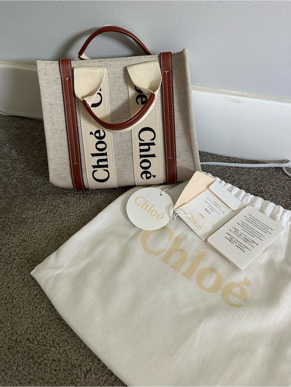 Chloé Beige Canvas Tote with Brown Leather Trim